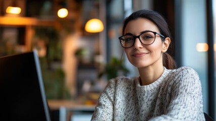 Woman conducting video call in office, confident and collaborative tone. Women's Day