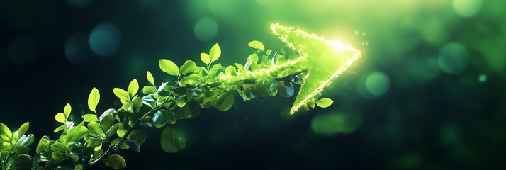 A glowing arrow of time made of sprouting vines and luminous leaves pointing forward on a vibrant gradient background