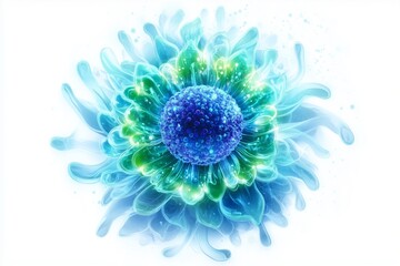 A glowing immune cell shaped like a flower with vibrant blue and green colors, shown on a clean white background