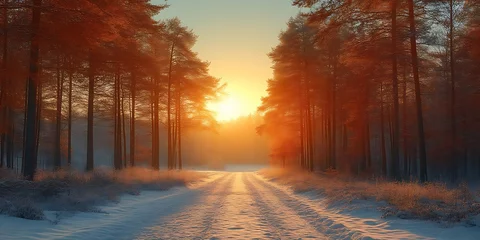 Selbstklebende Fototapeten Sunset in snowy forest path. © Bila