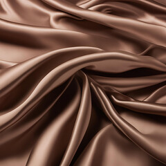 Fototapeta premium An elegant close-up of satin fabric in a rich, warm brown color, with smooth flowing folds that emphasize its luxurious, glossy texture and sophisticated appearance.