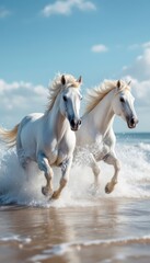 Obraz premium Two white horses gallop through the surf on a sunny day with a clear blue sky and ocean waves