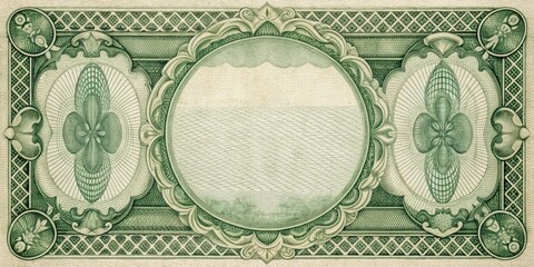 Blank vintage US banknote: obverse and reverse feature Federal Reserve seals, intricate guilloche, and grid patterns.