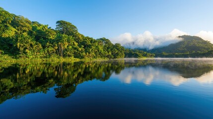 Dawn serenity at a misty lakeside lush landscape reflection tranquil nature scene peaceful environment calm water view