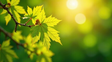 Vibrant Spring Foliage Illuminated by the Warm Golden Sunlight on a Tranquil Branch