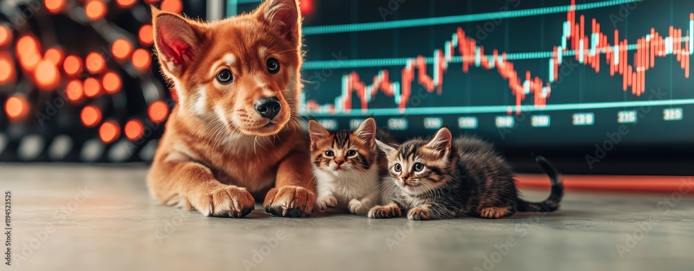Aufkleber Adorable Puppy and Kittens with Blurred Stock Market Graph Background