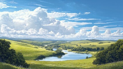 Tranquil hills landscape with blooming wildflowers and gentle sky serene nature scene peaceful environment wide viewpoint for relaxation