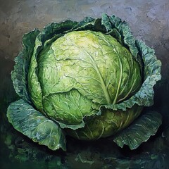 Fototapeta premium Vibrant Green Cabbage Still Life Oil Painting
