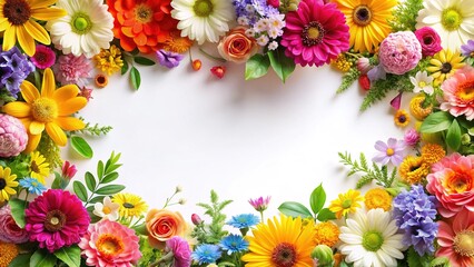 Colorful Floral Frame, Bright Flower Border, Pretty Floral Design, White Background