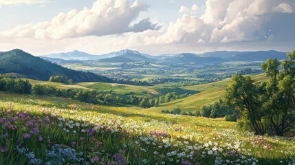 Obraz premium Serene landscape with rolling hills and blooming wildflowers gentle sky pastoral nature scene springtime serenity peaceful environment