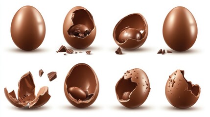 Chocolate eggs set. Isolated whole, broken, exploded, cracked and open brown eggs collection. Realistic sweet chocolate candy dessert icons. Vector Easter holiday celebration concept
