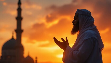 Muslim man praying at sunset in front of mosque silhouette invoking faith and peace