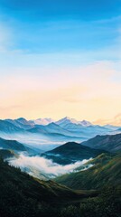 Fototapeta premium Serene dawn at a mountain landscape tranquil nature scene soft hues in the sky gentle slopes harmonious visual peaceful environment