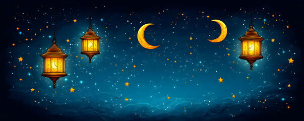 Fototapeta premium Night sky lanterns, crescent moons, stars, greeting card