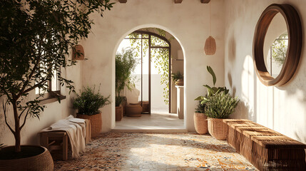 Serene entrance with rustic doors and soft lighting