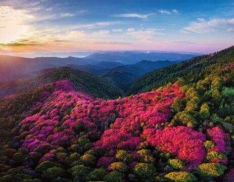 Generated image Aerial perspective of dense rhododendron forests blooming in vibrant pink and red