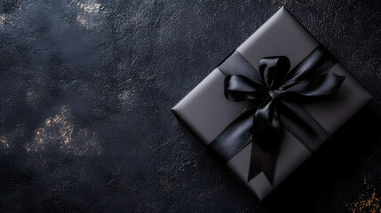 Black gift boxes with black ribbon on a dark background, top view banner for a Black Friday sale or birthday party concept. Space to copy text.