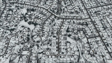 Aerial view of Kitchener, Ontario, covered in snow during winter