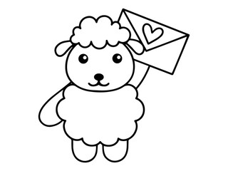 Valentine Day Sheep Holding a Letter Black and White
