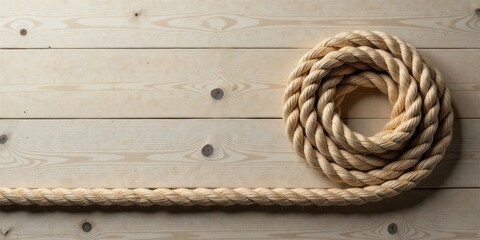 Obraz premium Nautical Rope Coil and Strand on Light Wooden Planks A Textural Background Image for Maritime Designs and Crafts