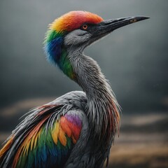 Fototapeta premium A crane with rainbow-colored feathers.