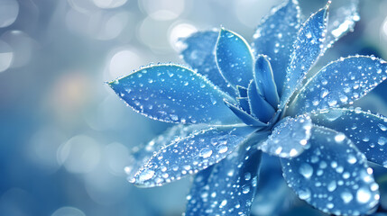 Fototapeta premium Blue agave flower with water droplets on the leaves, close-up on blue background