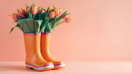 orange rain boots: A simple yet striking photo of a pair of cheerful orange rain boots repurposed as a vase, brimming with fresh orange tulips