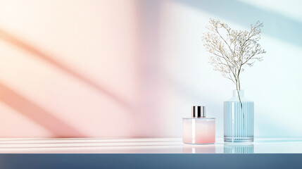 Elegant perfume bottle and vase with dried flowers on reflective surface