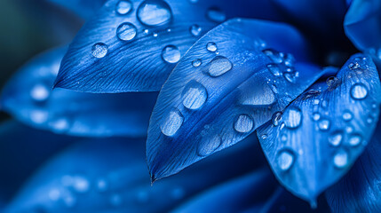 Blue agave flower with water droplets on the leaves, close-up on blue background