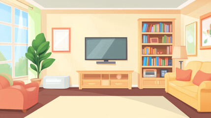 Living room interior with sofa and tv back view, bookshelves and couches. Empty apartment with cozy seat front of television set on wall and large window, home design Cartoon vector illustration