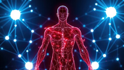 Futuristic Visualization of the Human Anatomy: Neural Connections, Digital Networks, and Technological Innovation in Healthcare and Bioengineering.
