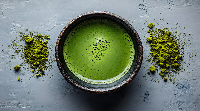 a bowl of green tea with powder sprinng