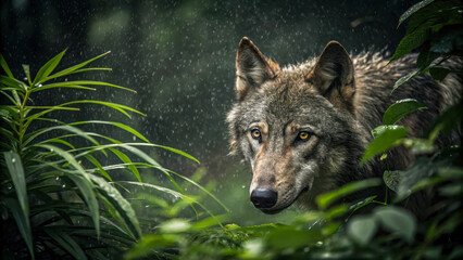 Fototapeta premium A wolf lurking in the jungle. Its face is partially obscured by plants, giving the impression that it is watching for prey. Rainy setting and dramatic lighting.