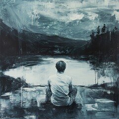Obraz premium Contemplation by the Lake: A Serene Landscape Painting