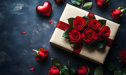 Romantic red roses gift box, dark background, Valentine's Day