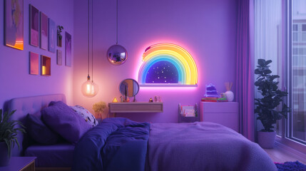 Night teen bedroom with neon light vector cartoon illustration. Girl bed in cyber studio with rainbow lamp, cupboard, armchair, mirror bulb and moonlight from window. Purple empty house design scene