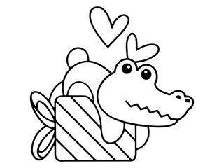 Valentine Day Crocodile Holding Gift Line Art
