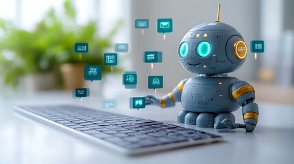 Cute robot using keyboard, digital communication.