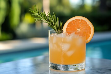 summer refreshing cocktail in glasses against the background of the pool