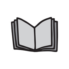Doodle open book icon hand drawn with black line in freehand style and colored monochrome grey. Vector illustration isolated on white background