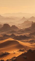 Naklejka premium Golden Desert Landscape with Rolling Sand Dunes and Distant Mountain Peaks