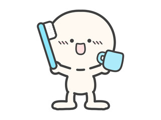 歯ブラシとコップも持つ歯磨きのイメージの人物のベクターイラスト