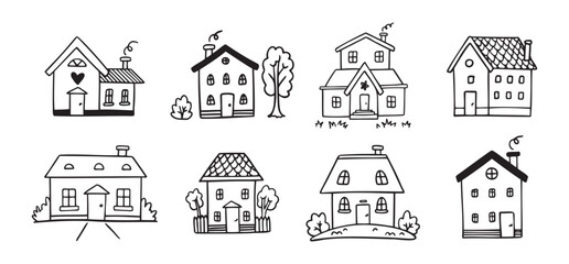 Hand drawn doodle house vector set. Cute outline houses black and white line illustration