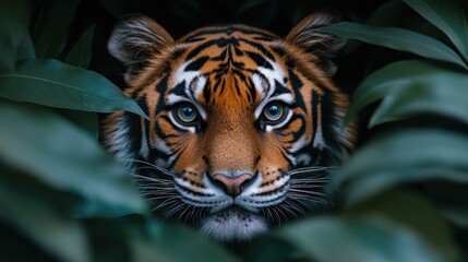 Majestic Bengal Tiger Gazes Intently Through Lush Green Leaves, Capturing the Beauty and Power of Nature in a Close-up Shot of Wildlife