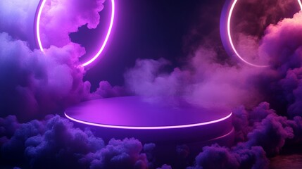 Cylinder flying podium with neon glowing abstract geometric shapes on wall and smoke clouds. Realistic 3d vector illustration of purple and blue luminous hi tech product platform on dark background.