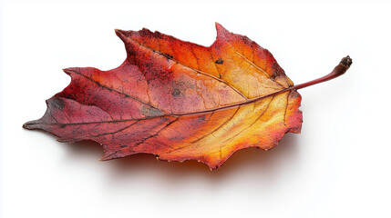 A fallen leaf with vibrant fall colors is displayed on a white background
