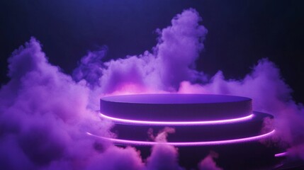 Cylinder flying podium with neon glowing abstract geometric shapes on wall and smoke clouds. Realistic 3d vector illustration of purple and blue luminous hi tech product platform on dark background.