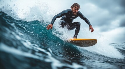 Surfer Riding the Ocean Wave in a Dramatic Seascape Under Dark Clouds, Showcasing Skill, Thrill, and the Beauty of Water Sports