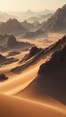 Naklejka premium Majestic desert landscape with rolling sand dunes and layered mountain ridges at sunset