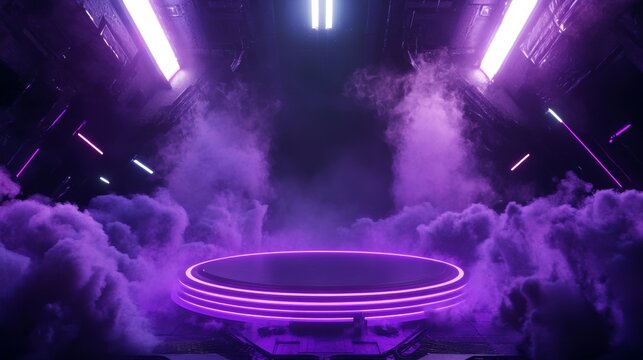 Cylinder flying podium with neon glowing abstract geometric shapes on wall and smoke clouds. Realistic 3d vector illustration of purple and blue luminous hi tech product platform on dark background.
